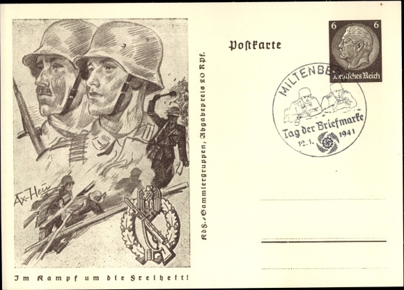 postal stationery Artist Postcard v. Axster Heudtlass, W., In the fight for freedom, Wehrmacht, hand grenade