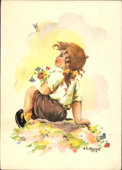 Artist Postcard Gund, Girl Admiring a Butterfly