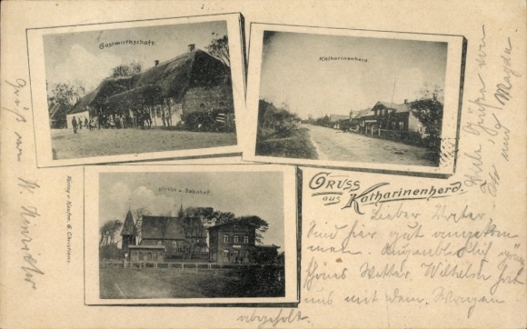 Ak Katharinenheerd Halbinsel Eiderstedt in Nordfriesland, Gastwirtschaft, Bahnhof, Kirche