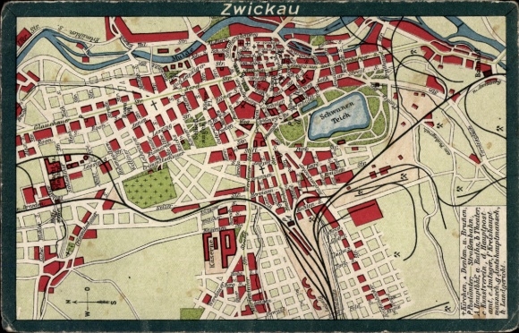 City map Postcard Zwickau in Saxony, Schwanenteich, Mulde, Glauchauer Straße, train station