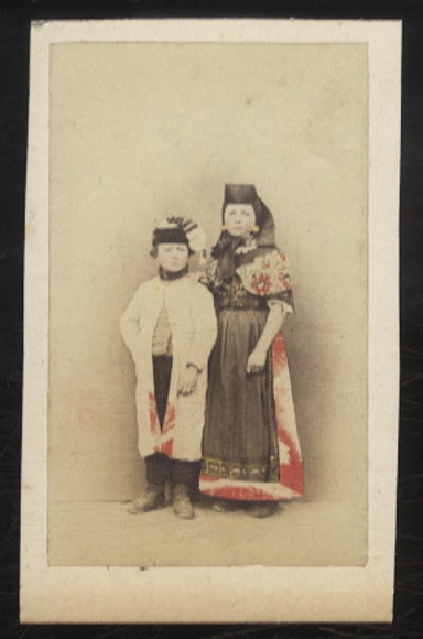 CdV photograph coloured, girl and boy in traditional costume, around 1860