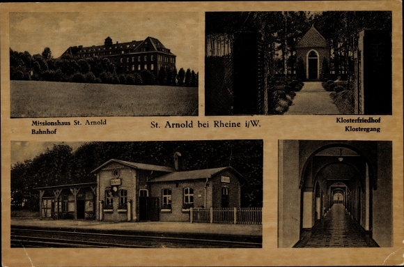 Ak St Arnold Neuenkirchen Nordrhein Westfalen, Klosterfriedhof, Missionshaus, Bahnhof, Gleisseite