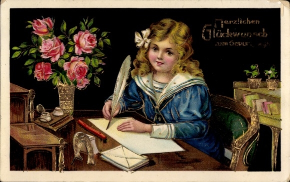 Postcard Happy Birthday, girl at the desk, feather, roses
