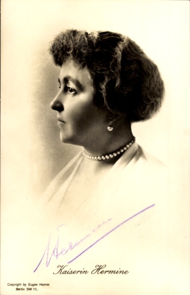 Postcard Empress Hermine, Prussia, Reuss, portrait, signed
