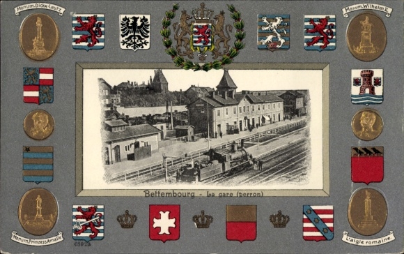 Embossed coat of arms Passepartout Postcard Bettemburg Bettemburg Luxembourg, train station
