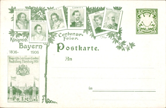 Postwaardestuk ansichtkaart eeuwfeest Koninkrijk Beieren 1906, prins-regent Luitpold van Beieren, Ludwig II.
