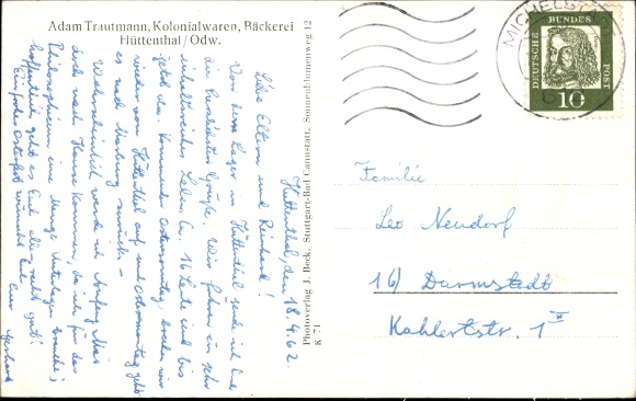 Postcard Hüttenthal Mossautal in the Odenwald, grocery store, location, surroundings