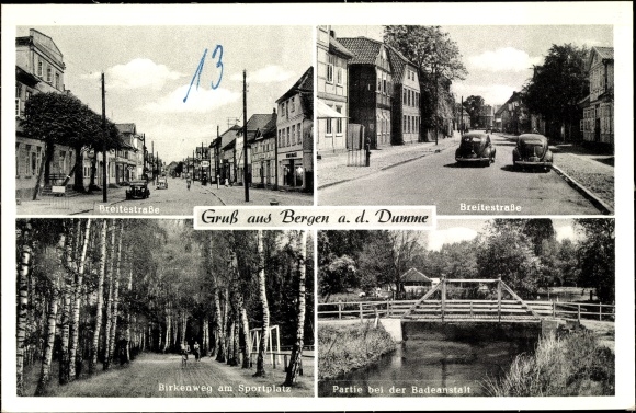 Postcard Bergen on the Dumme Wendland, Breitestrasse, at the swimming pool, Birkenweg on the sports field