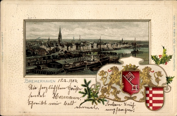 Präge Wappen Passepartout Ak Bremerhaven, Hafen und Stadt