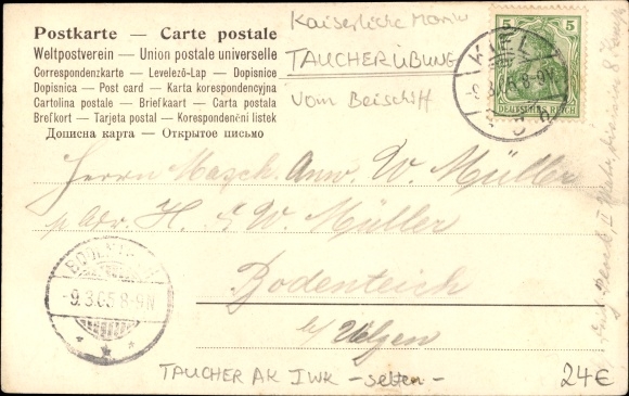 Postcard Kiel, Imperial Navy, diving exercise, tender