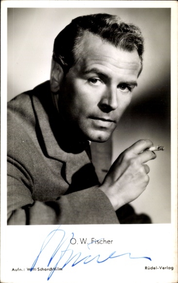 Postcard Actor OW Fischer, Portrait, Smoking Cigarette, Autograph