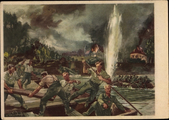 Kunstenaarskaart Mundorff, V., pioniers in bruggenbouw, Wehrmacht