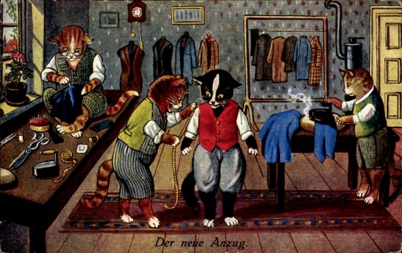 Postcard Humanized Cats, Tailor, Ironing, The New Suit