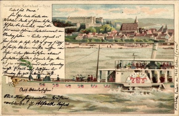Litho Pirna an der Elbe, Salondampfer Karlsbad, Stadtansicht, Schloss Sonnenstein