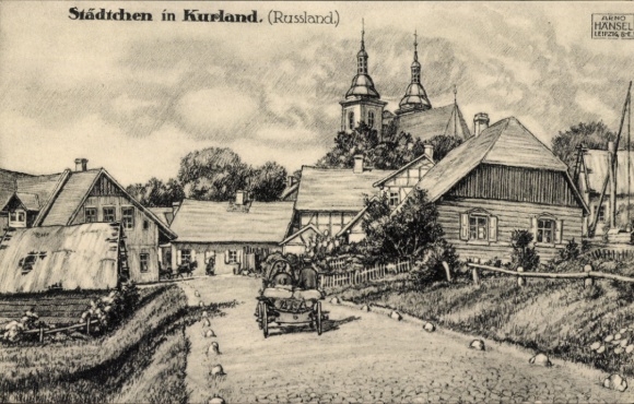 Artist Postcard Hänsel, Arno, Courland Latvia, village street, church