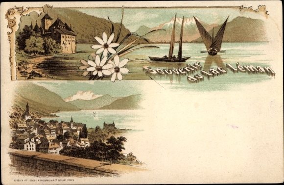Chromo-Litho Chillon Lac Léman Kt. Vaud Switzerland, Chateau, City View