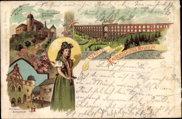 Litho Mylau Reichenbach im Vogtland, Kaiserschloss, Trachten
