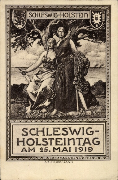 Wappen Künstler Ak Zimmermann, G., Schleswig Holstein Tag 1919, Allegorie, Fischen, Landwirtschaft