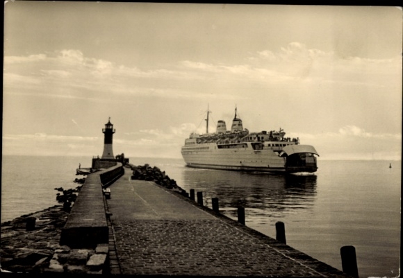 Postcard ferry MS Sassnitz at the exit, signal tower