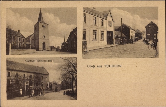 Postcard Tüddern Selfkant North Rhine-Westphalia, Gasthof Hostenbach, church, street section