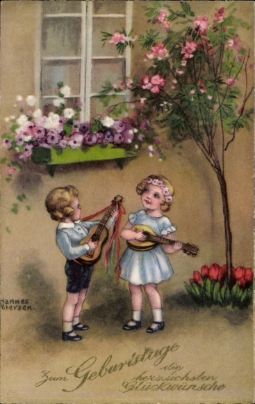 Kunstenaar Ak Petersen, H., gefeliciteerd met je verjaardag, muziekmakende kinderen, bloemen