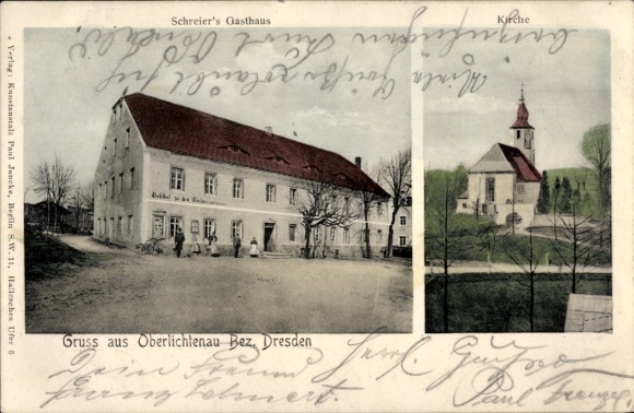 Postcard Oberlichtenau Pulsnitz in Saxony, Schreier's Inn, Church, Greetings from Oberlichtenau