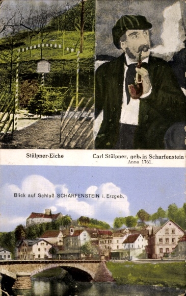 Ak Scharfenstein Drebach im Erzgebirge Sachsen,  Schloss, Stülpner-Eiche, Carl Stülpner