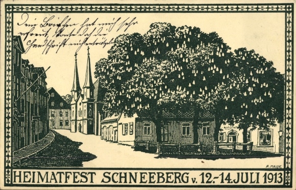 Artist Postcard Major, A., Schneeberg in the Ore Mountains, Church, Home Festival 1913