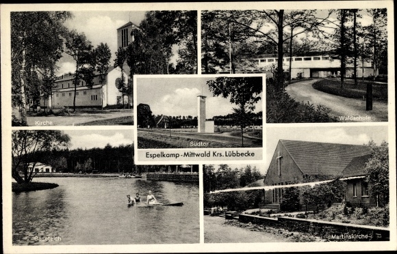 Ak Mittwald Espelkamp in Ostwestfalen Lippe, Kirche, Waldschule, Badeteich, Martinskirche, Südtor