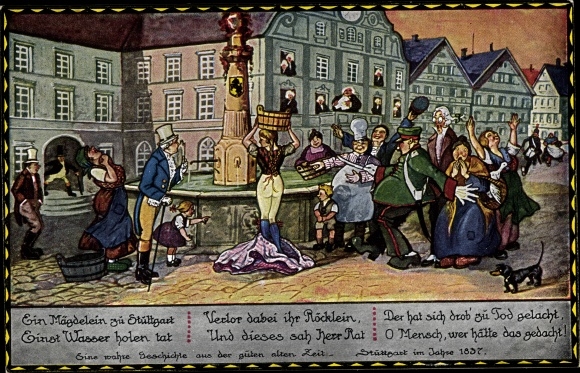 Postcard Stuttgart am Neckar, A true story from the good times, fountain, Anno 1837