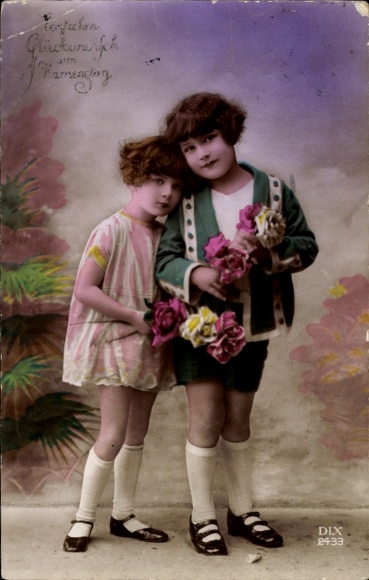 Postcard Congratulations on your name day, children with flowers