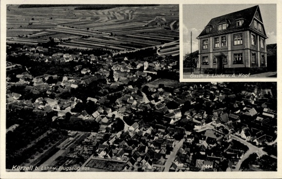 Postcard Kürzell Meißenheim am Rhein Baden, aerial photograph, Gasth. zur Linde, A. Kopf