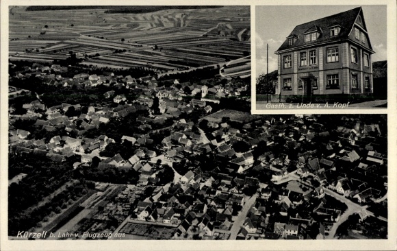 Postcard Kürzell Meißenheim am Rhein Baden, aerial photograph, Gasth. z. Linde
