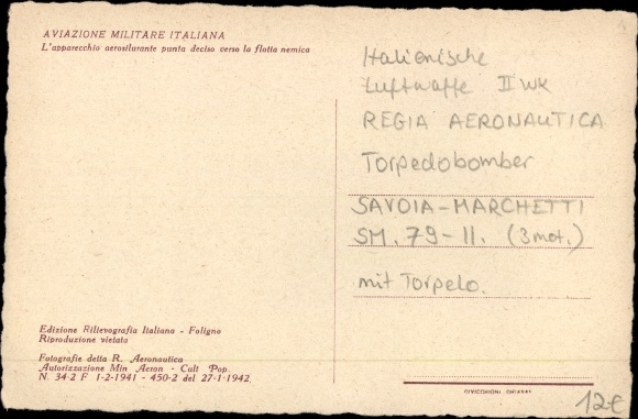 Postcard Aviazione Militare Italiana, Italian Air Force, torpedo bomber Savoia Marchetti SM 79-II