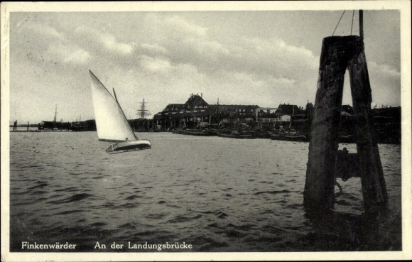 Postcard Hamburg Mitte Finkenwerder Finkenwärder, At the Landungsbrücke, Sailing boat