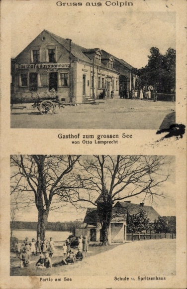 Postcard Colpin Kolpin Reichenwalde Brandenburg, inn at the big lake, party at the lake, school etc.