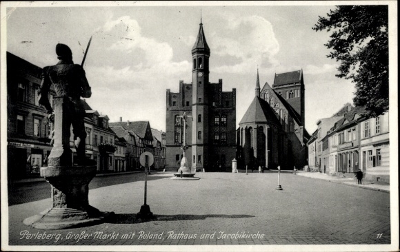 Postcard Perleberg in der Prignitz, Great Market, Roland, Town Hall, Jacobi Church