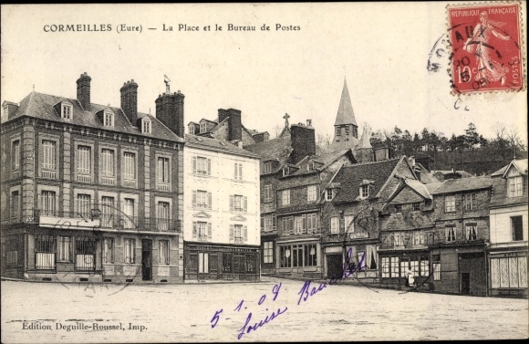 Postcard Cormeilles Eure, La Place and the Post Office