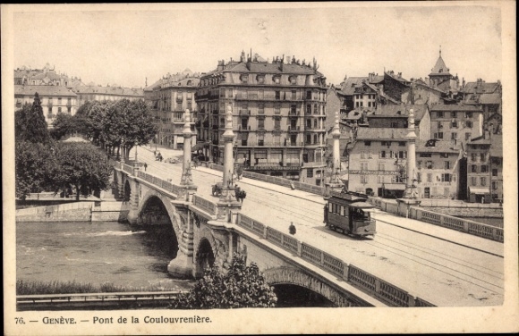 Ak Genf Stadt Schweiz, Schwarz-Weiß-Bild, Brücke, Straßenbahn, Gebäude, Genf