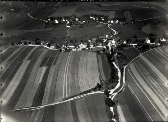 Postcard Burgau an der Saale Jena Thuringia, a small town with a church, street and many fields.