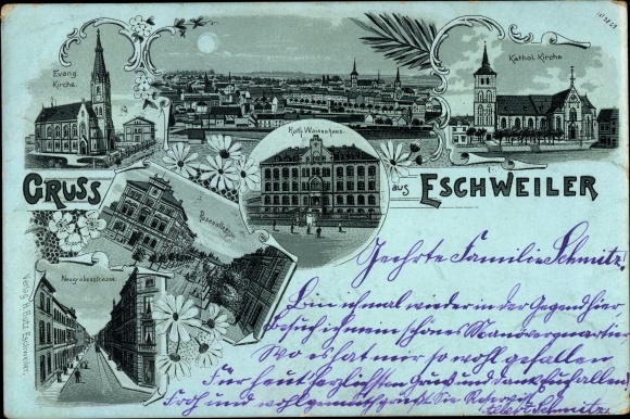Moonlight Chromo-Litho Eschweiler North Rhine-Westphalia, Evang Church, Kath Church, Rosenallee, Neugrabenstr