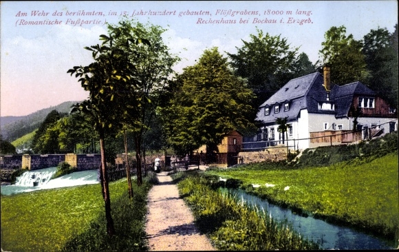 Postcard Albernau Zschorlau in the Ore Mountains, raking house, weir of the raft ditch, raft ditch