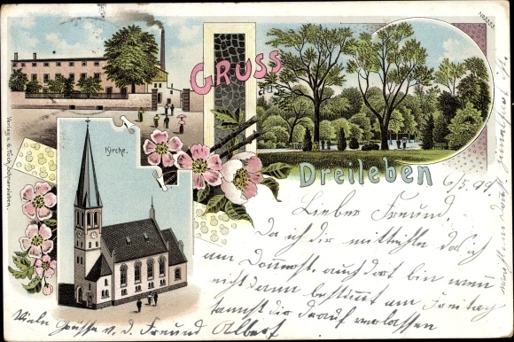 Chromo-Litho Dreileben in Saxony Anhalt, church, factory, park