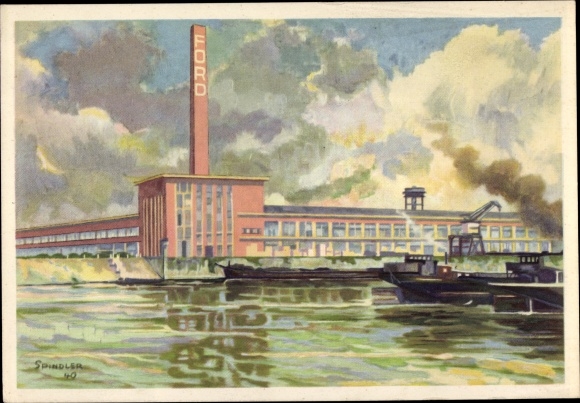 Artist PC Spindler, Erwin, Cologne on the Rhine, exterior view of the Ford automobile plant