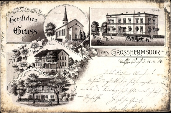 Chromo-Litho Großhermsdorf Regis Breitingen Saxony, manor, church, school, parish