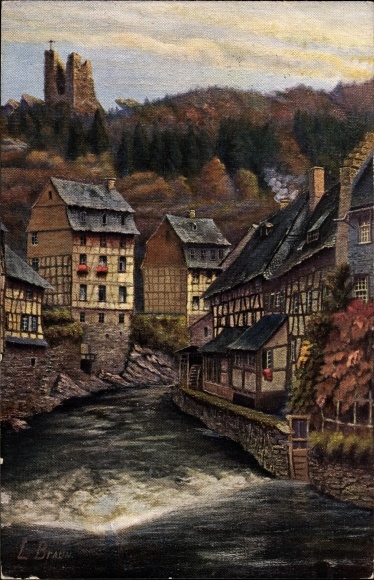 Künstler Ak Braun, L., Monschau Montjoie in der Eifel, Partie an der Rur und Ruine Haller