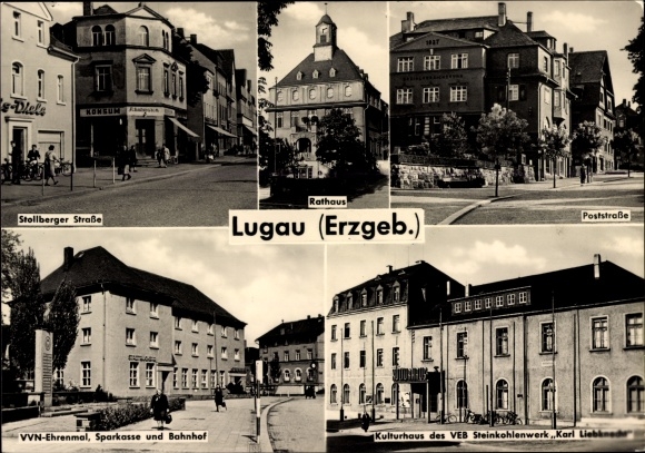 Ak Lugau in Sachsen, VVN Ehrenmal, Bahnhof, Sparkasse, Kulturhaus VEB Karl Liebknecht, Rathaus