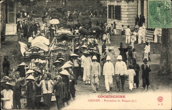 Postcard Cholon Vietnam, Procession du Dragon