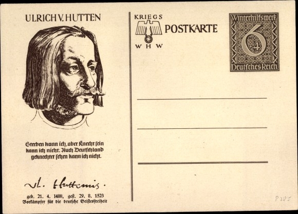 Postal stationery PC Ulrich von Hutten, 7 war WHW 1940, Dresden