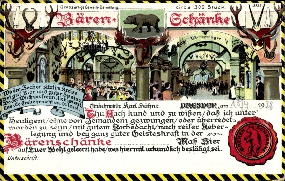 Chromo-Litho Dresden, antler collection of the Bärenschänke, landlord Karl Höhne, seal